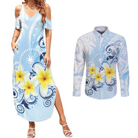 FSM Chuuk Constitution Day Couples Matching Summer Maxi Dress and Long Sleeve Button Shirt Polynesian Curves Plumeria LT05 Blue - Polynesian Pride