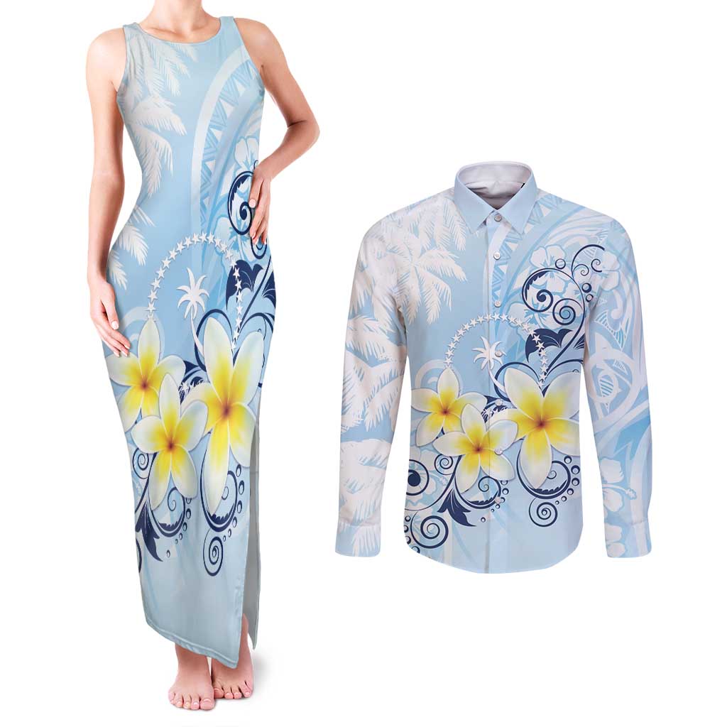 FSM Chuuk Constitution Day Couples Matching Tank Maxi Dress and Long Sleeve Button Shirt Polynesian Curves Plumeria LT05 Blue - Polynesian Pride