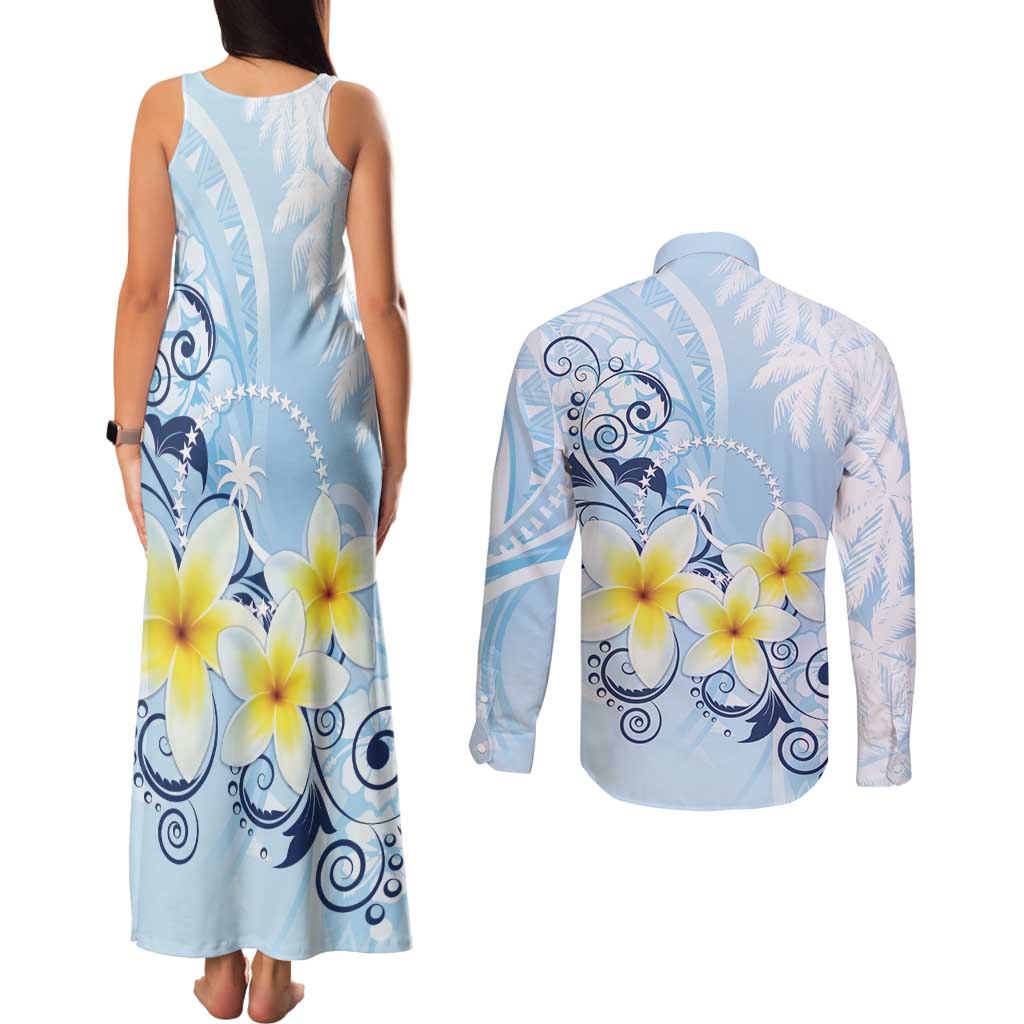 FSM Chuuk Constitution Day Couples Matching Tank Maxi Dress and Long Sleeve Button Shirt Polynesian Curves Plumeria LT05 - Polynesian Pride
