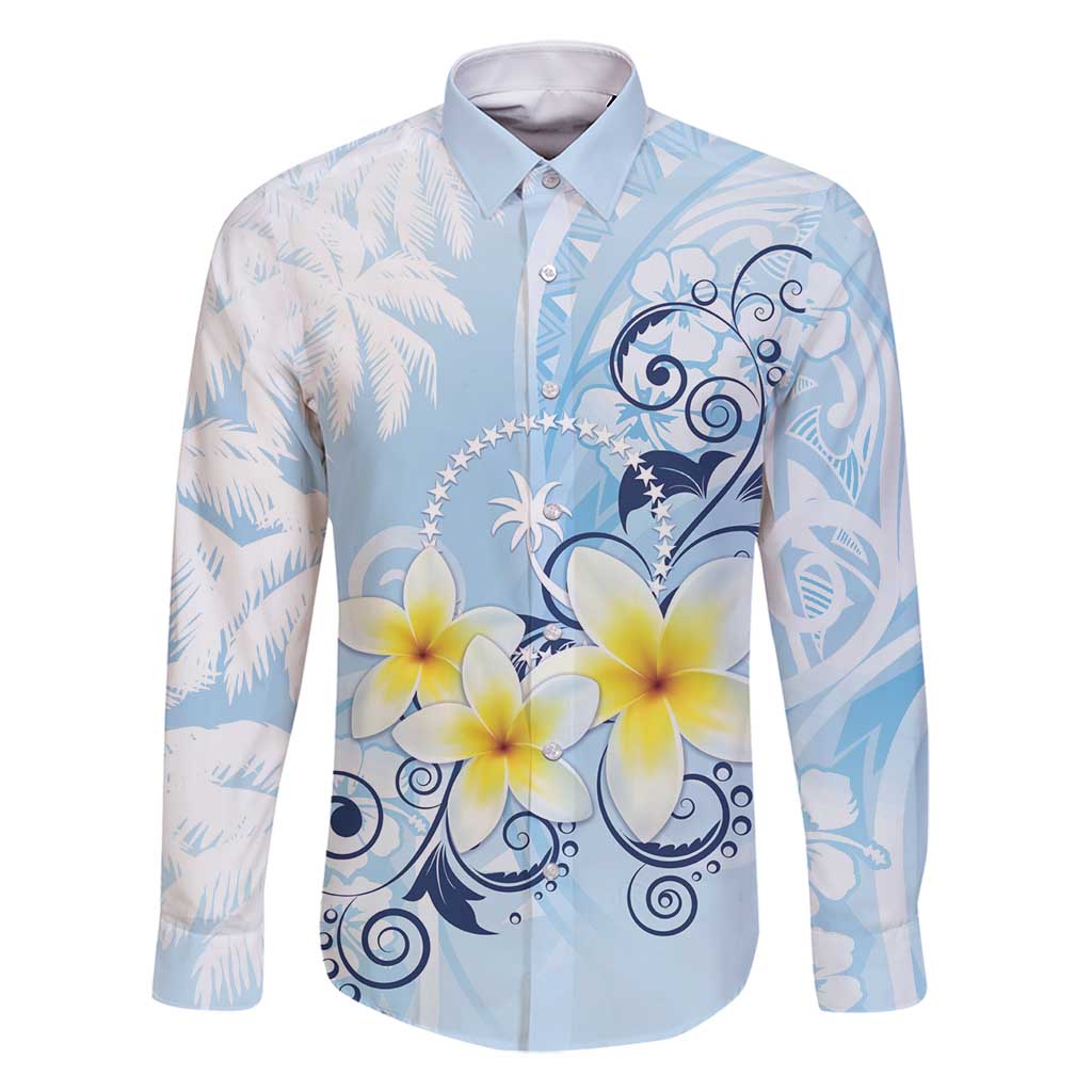 FSM Chuuk Constitution Day Family Matching Mermaid Dress and Hawaiian Shirt Polynesian Curves Plumeria LT05 Dad's Shirt - Long Sleeve Blue - Polynesian Pride