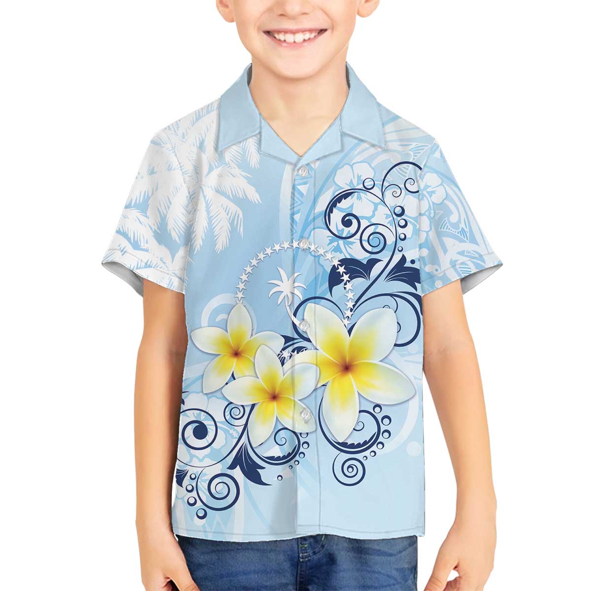 FSM Chuuk Constitution Day Family Matching Off The Shoulder Long Sleeve Dress and Hawaiian Shirt Polynesian Curves Plumeria LT05 Son's Shirt Blue - Polynesian Pride