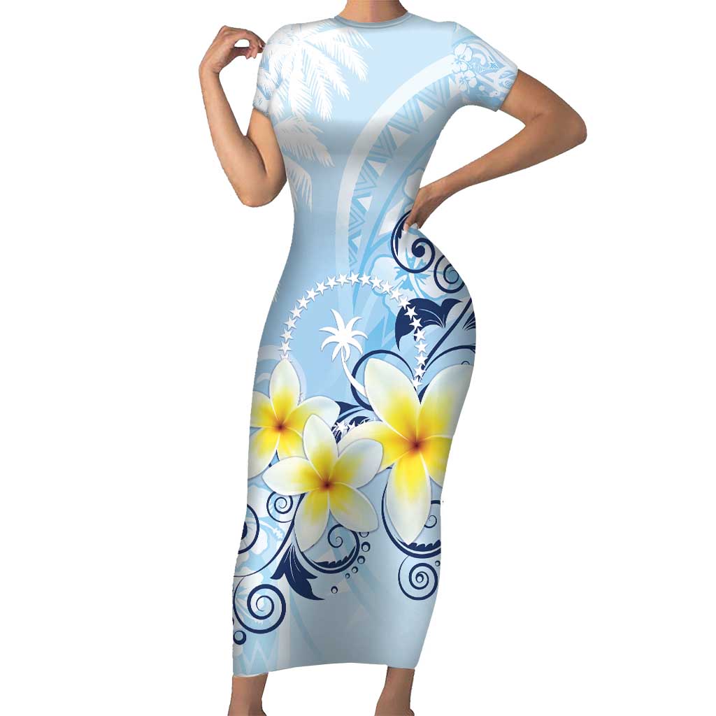 FSM Chuuk Constitution Day Family Matching Short Sleeve Bodycon Dress and Hawaiian Shirt Polynesian Curves Plumeria LT05 Mom's Dress Blue - Polynesian Pride