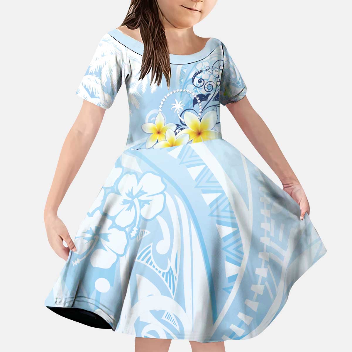 FSM Chuuk Constitution Day Kid Short Sleeve Dress Polynesian Curves Plumeria - Polynesian Pride