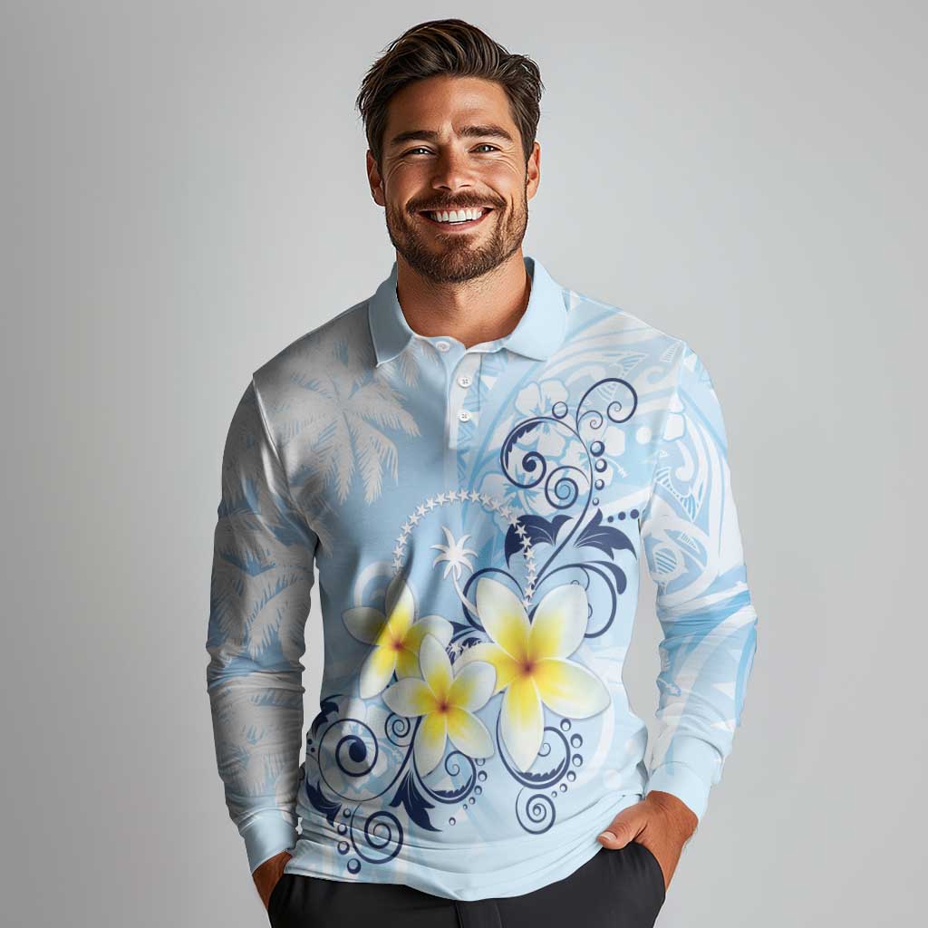 FSM Chuuk Constitution Day Long Sleeve Polo Shirt Polynesian Curves Plumeria - Polynesian Pride