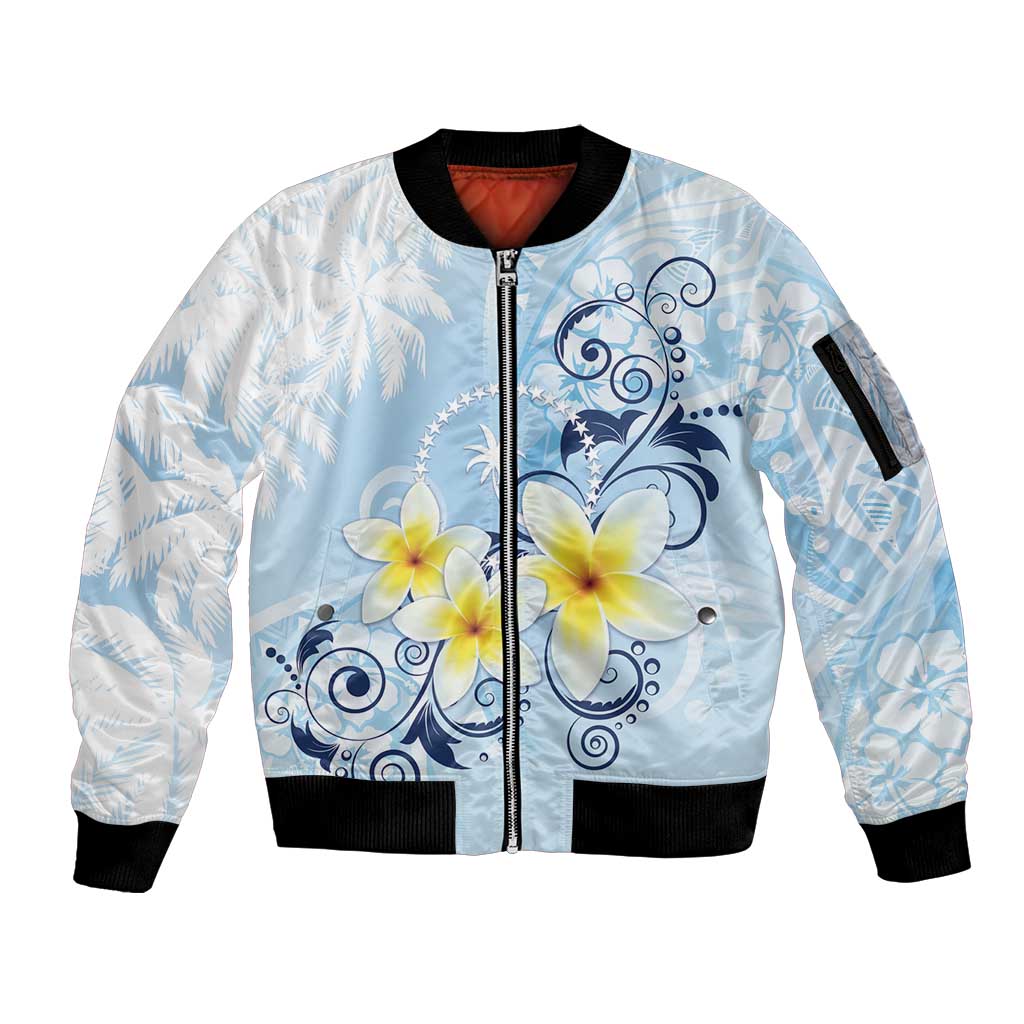 FSM Chuuk Constitution Day Sleeve Zip Bomber Jacket Polynesian Curves Plumeria LT05 Unisex Blue - Polynesian Pride