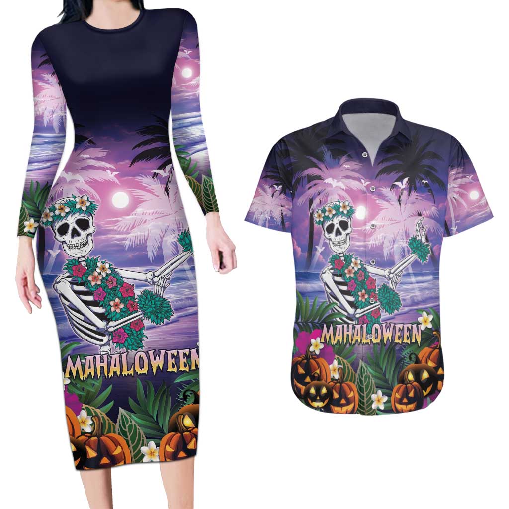 Happy Hulaween Couples Matching Long Sleeve Bodycon Dress and Hawaiian Shirt Mahaloween Skeleton Dancing LT05 Purple - Polynesian Pride