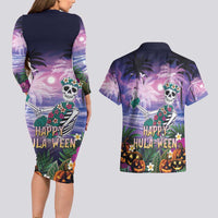 Happy Hulaween Couples Matching Long Sleeve Bodycon Dress and Hawaiian Shirt Mahaloween Skeleton Dancing LT05 - Polynesian Pride