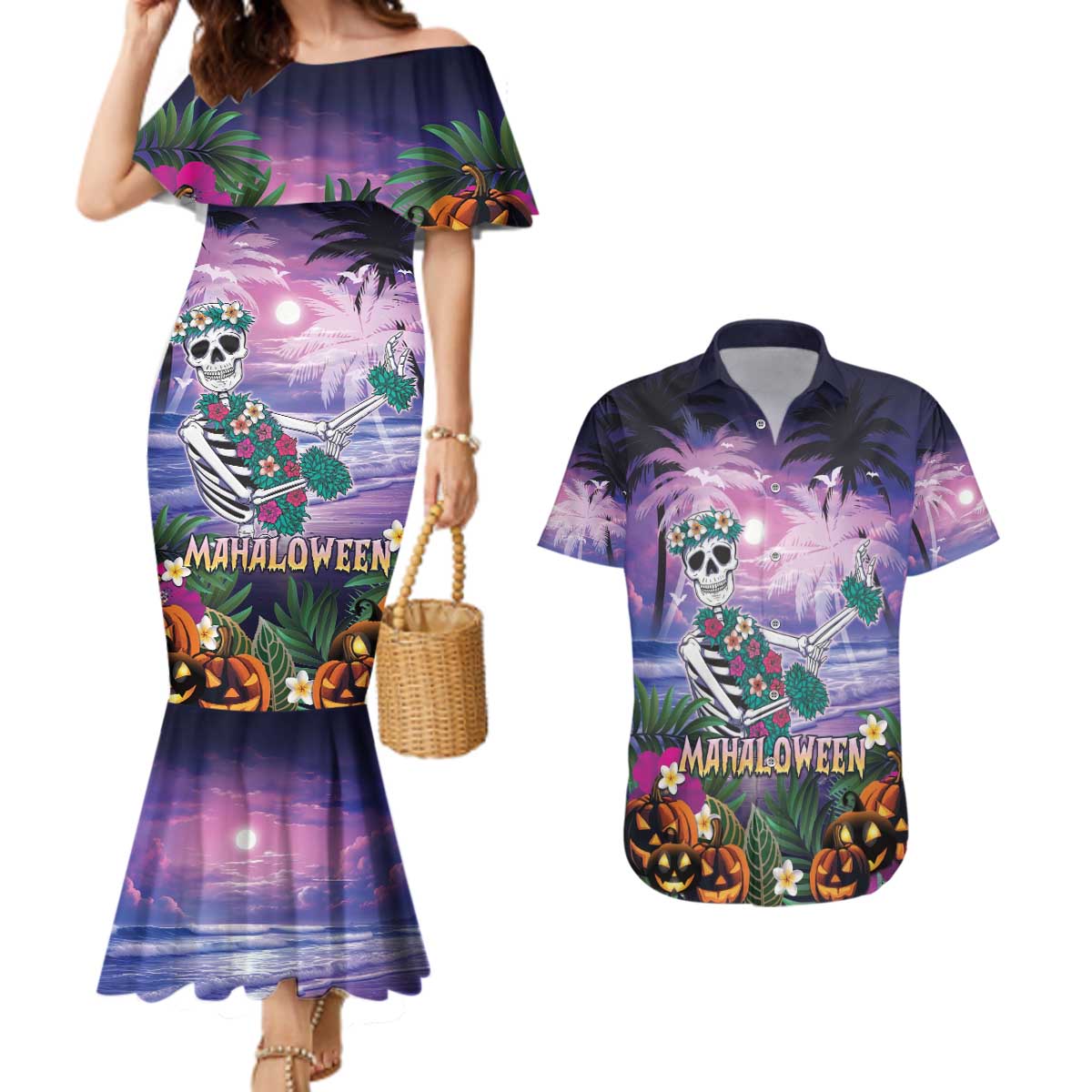 Happy Hulaween Couples Matching Mermaid Dress and Hawaiian Shirt Mahaloween Skeleton Dancing LT05 Purple - Polynesian Pride