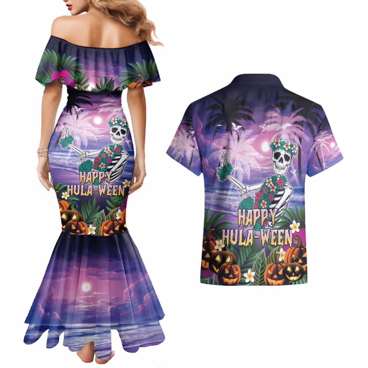 Happy Hulaween Couples Matching Mermaid Dress and Hawaiian Shirt Mahaloween Skeleton Dancing LT05 - Polynesian Pride
