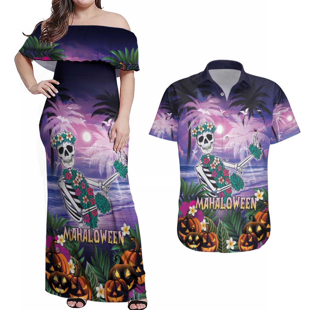 Happy Hulaween Couples Matching Off Shoulder Maxi Dress and Hawaiian Shirt Mahaloween Skeleton Dancing LT05 Purple - Polynesian Pride