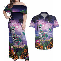 Happy Hulaween Couples Matching Off Shoulder Maxi Dress and Hawaiian Shirt Mahaloween Skeleton Dancing LT05 Purple - Polynesian Pride