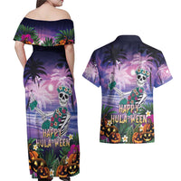 Happy Hulaween Couples Matching Off Shoulder Maxi Dress and Hawaiian Shirt Mahaloween Skeleton Dancing LT05 - Polynesian Pride