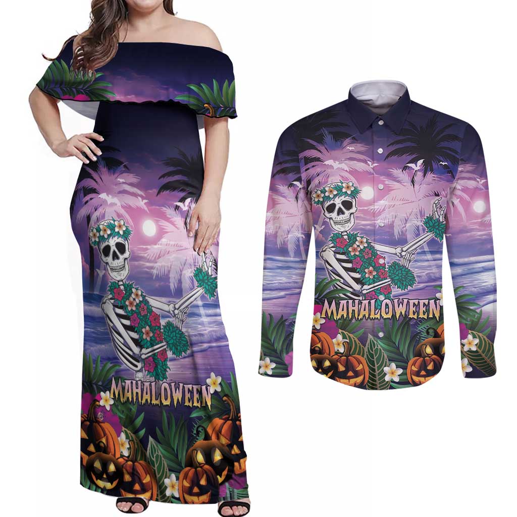 Happy Hulaween Couples Matching Off Shoulder Maxi Dress and Long Sleeve Button Shirt Mahaloween Skeleton Dancing