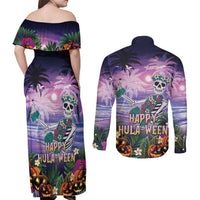 Happy Hulaween Couples Matching Off Shoulder Maxi Dress and Long Sleeve Button Shirt Mahaloween Skeleton Dancing