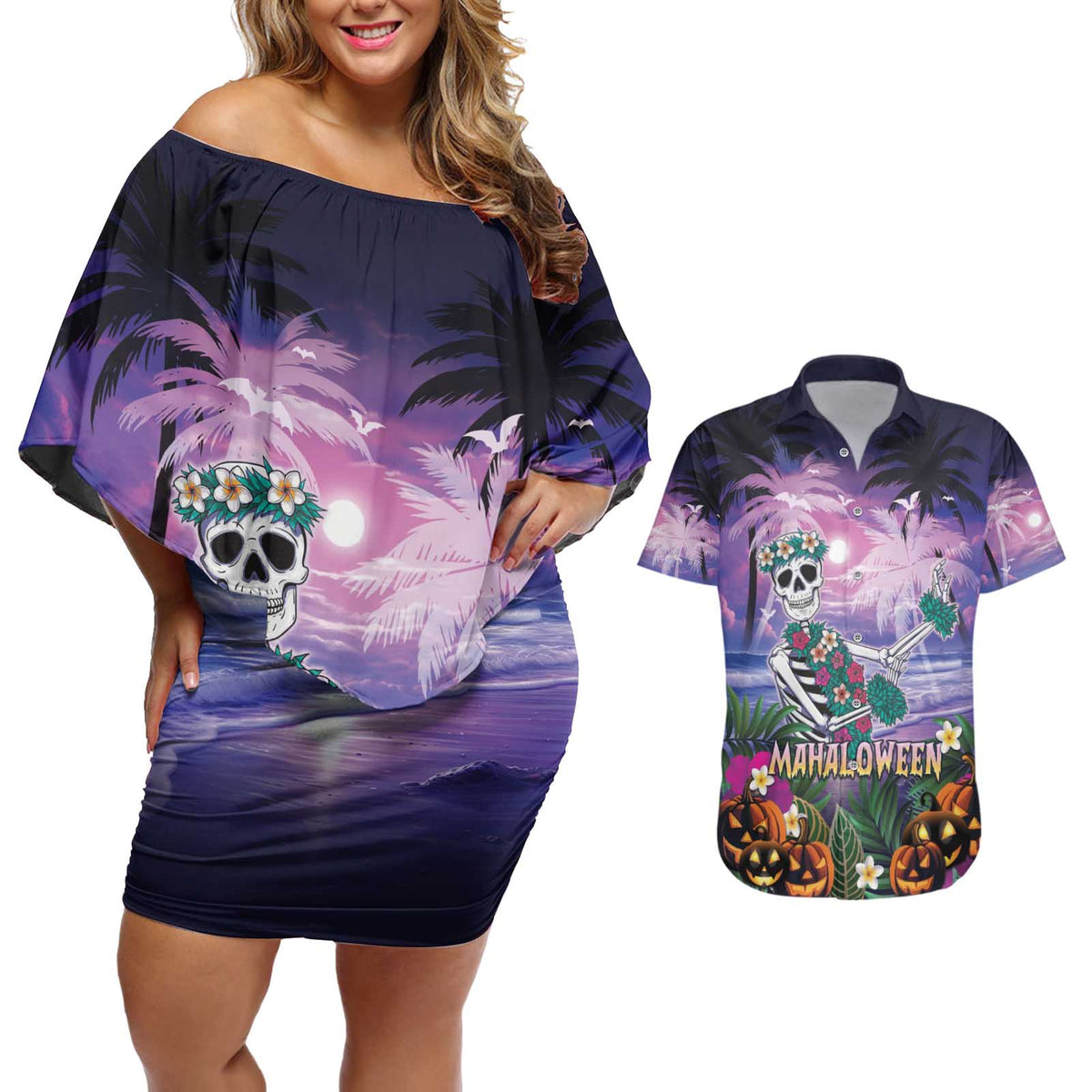 Happy Hulaween Couples Matching Off Shoulder Short Dress and Hawaiian Shirt Mahaloween Skeleton Dancing LT05 Purple - Polynesian Pride