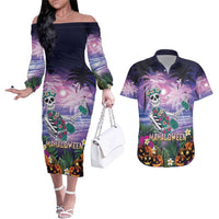 Happy Hulaween Couples Matching Off The Shoulder Long Sleeve Dress and Hawaiian Shirt Mahaloween Skeleton Dancing LT05 Purple - Polynesian Pride