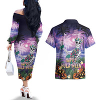 Happy Hulaween Couples Matching Off The Shoulder Long Sleeve Dress and Hawaiian Shirt Mahaloween Skeleton Dancing LT05 - Polynesian Pride
