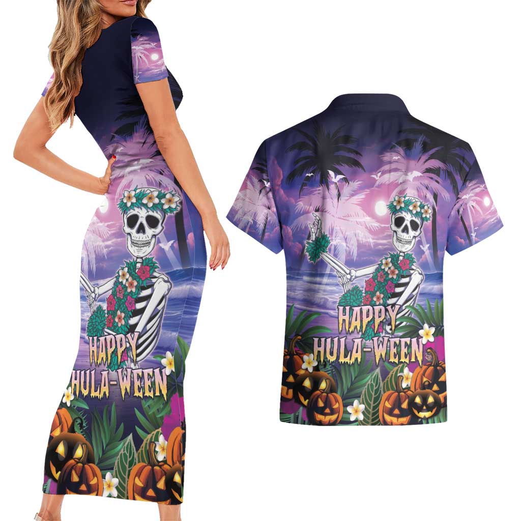 Happy Hulaween Couples Matching Short Sleeve Bodycon Dress and Hawaiian Shirt Mahaloween Skeleton Dancing LT05 - Polynesian Pride