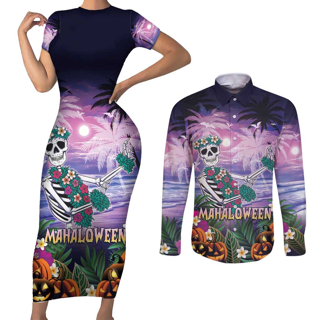 Happy Hulaween Couples Matching Short Sleeve Bodycon Dress and Long Sleeve Button Shirt Mahaloween Skeleton Dancing