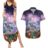 Happy Hulaween Couples Matching Summer Maxi Dress and Hawaiian Shirt Mahaloween Skeleton Dancing LT05 Purple - Polynesian Pride
