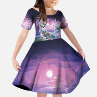 Happy Hulaween Family Matching Off The Shoulder Long Sleeve Dress and Hawaiian Shirt Mahaloween Skeleton Dancing LT05 Daughter's Dress Purple - Polynesian Pride