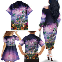 Happy Hulaween Family Matching Off The Shoulder Long Sleeve Dress and Hawaiian Shirt Mahaloween Skeleton Dancing LT05 - Polynesian Pride