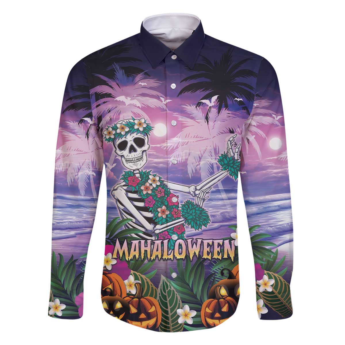Happy Hulaween Family Matching Off The Shoulder Long Sleeve Dress and Hawaiian Shirt Mahaloween Skeleton Dancing LT05 Dad's Shirt - Long Sleeve Purple - Polynesian Pride
