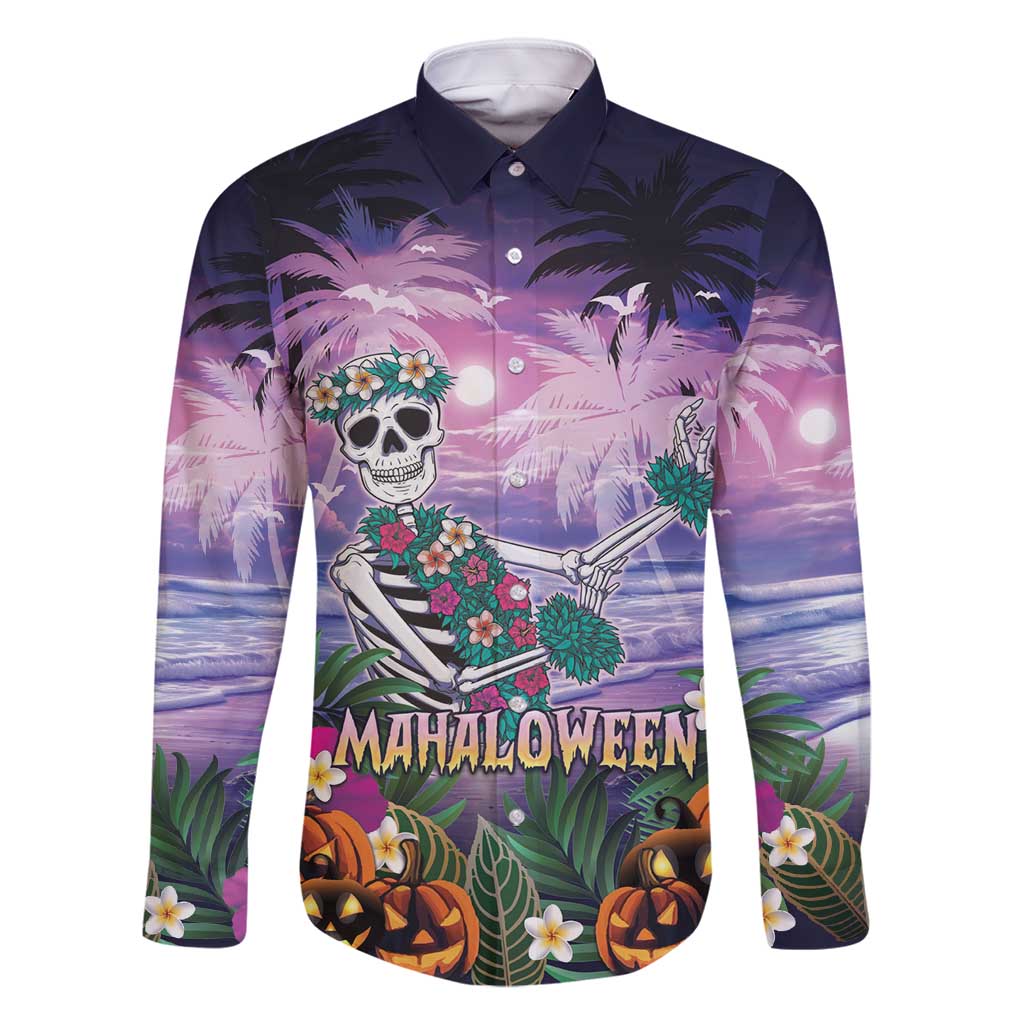 Happy Hulaween Family Matching Off Shoulder Maxi Dress and Hawaiian Shirt Mahaloween Skeleton Dancing LT05 Dad's Shirt - Long Sleeve Purple - Polynesian Pride