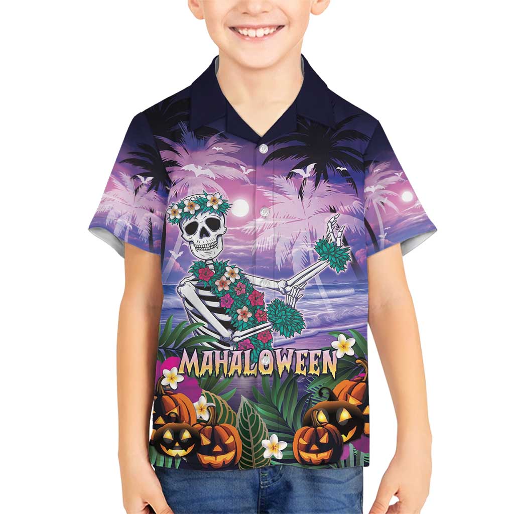 Happy Hulaween Family Matching Off Shoulder Maxi Dress and Hawaiian Shirt Mahaloween Skeleton Dancing LT05 Son's Shirt Purple - Polynesian Pride