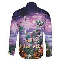 Happy Hulaween Family Matching Off Shoulder Short Dress and Hawaiian Shirt Mahaloween Skeleton Dancing