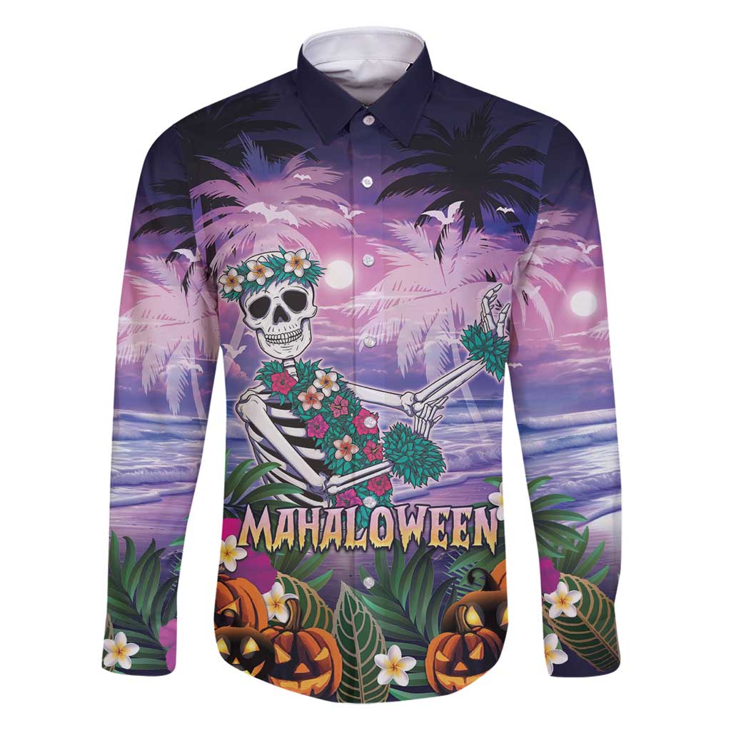 Happy Hulaween Family Matching Puletasi and Hawaiian Shirt Mahaloween Skeleton Dancing LT05 Dad's Shirt - Long Sleeve Purple - Polynesian Pride
