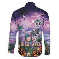 Happy Hulaween Family Matching Short Sleeve Bodycon Dress and Hawaiian Shirt Mahaloween Skeleton Dancing