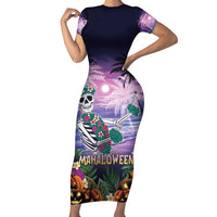 Happy Hulaween Family Matching Short Sleeve Bodycon Dress and Hawaiian Shirt Mahaloween Skeleton Dancing