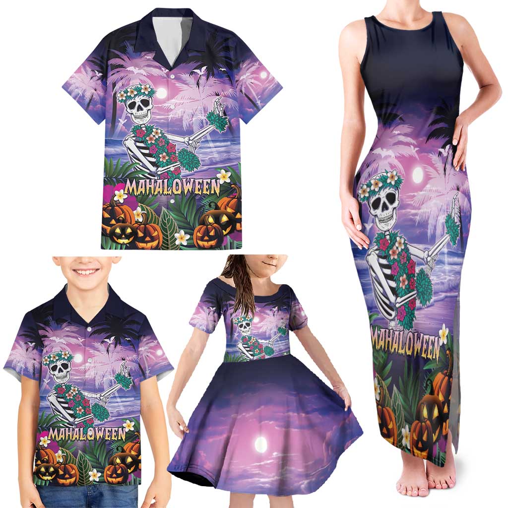 Happy Hulaween Family Matching Tank Maxi Dress and Hawaiian Shirt Mahaloween Skeleton Dancing