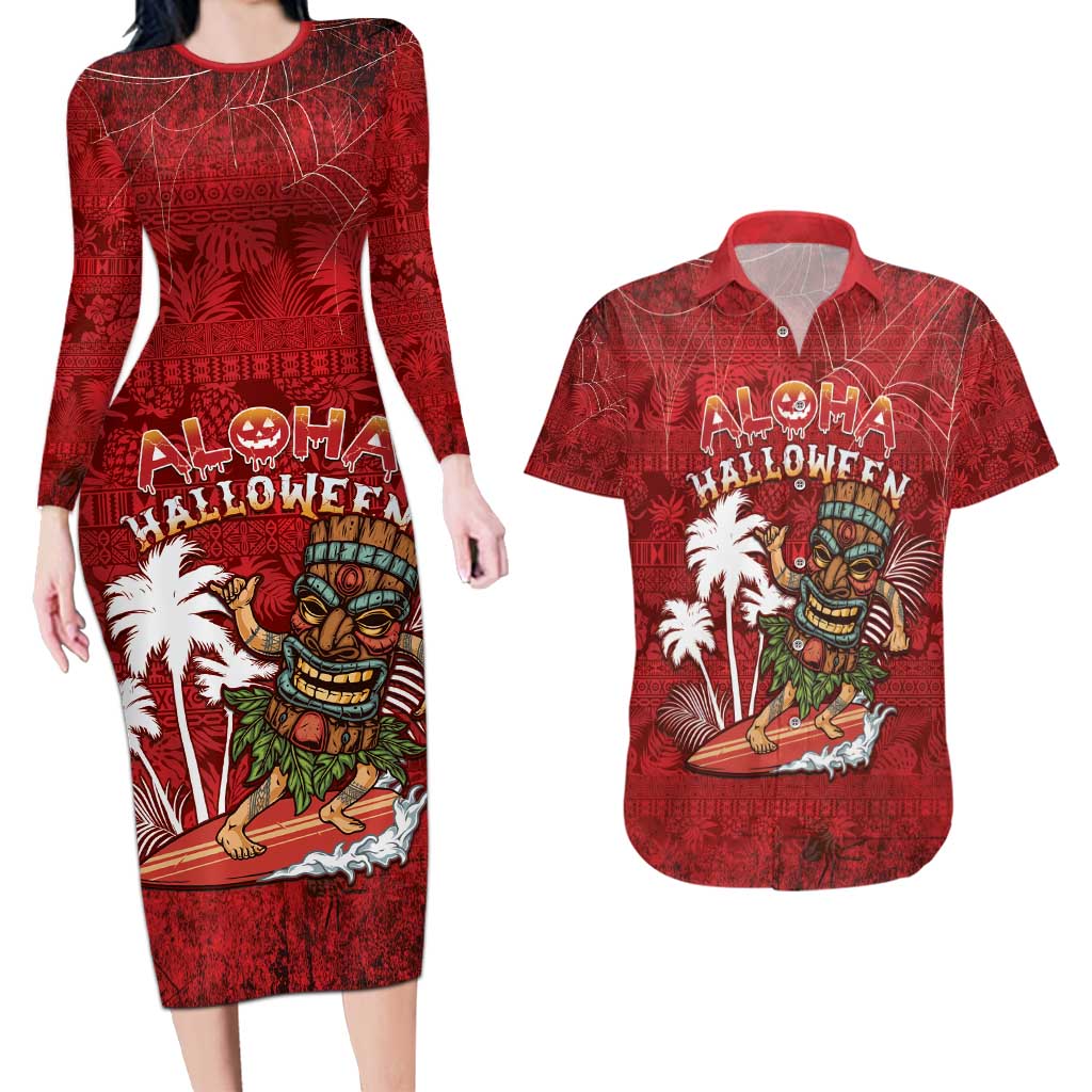 Personalised Aloha Halloween Couples Matching Long Sleeve Bodycon Dress and Hawaiian Shirt Skeleton Surfing LT05 Red - Polynesian Pride