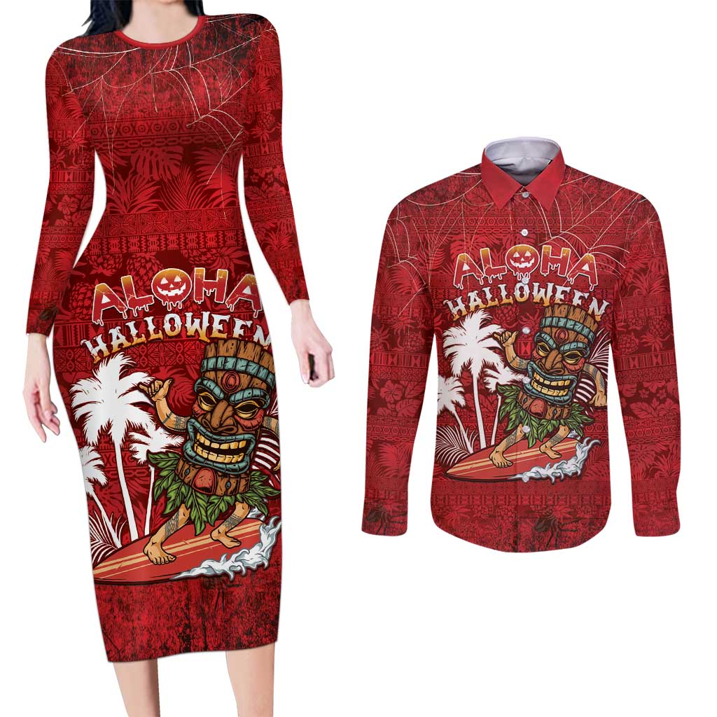 Personalised Aloha Halloween Couples Matching Long Sleeve Bodycon Dress and Long Sleeve Button Shirt Skeleton Surfing