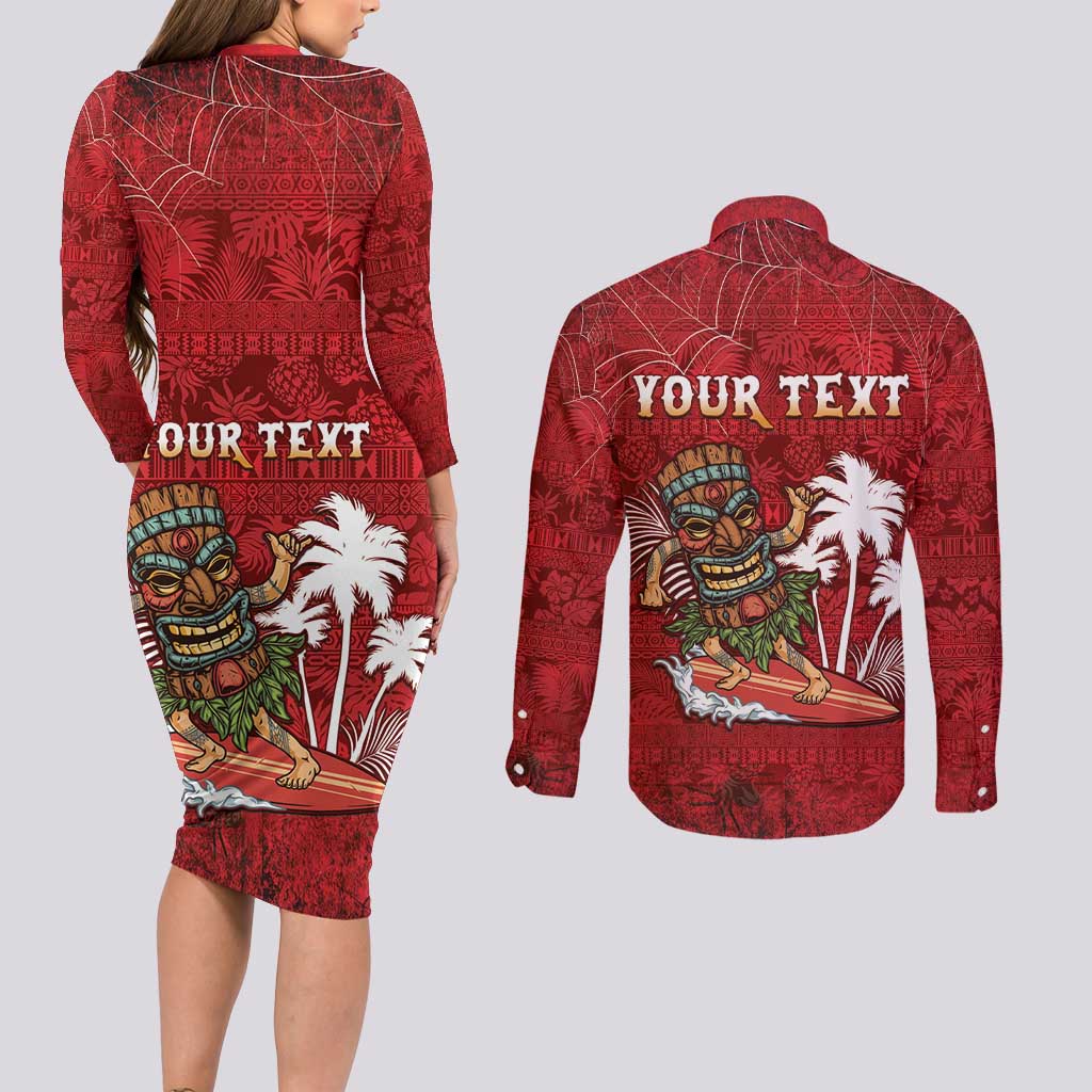 Personalised Aloha Halloween Couples Matching Long Sleeve Bodycon Dress and Long Sleeve Button Shirt Skeleton Surfing