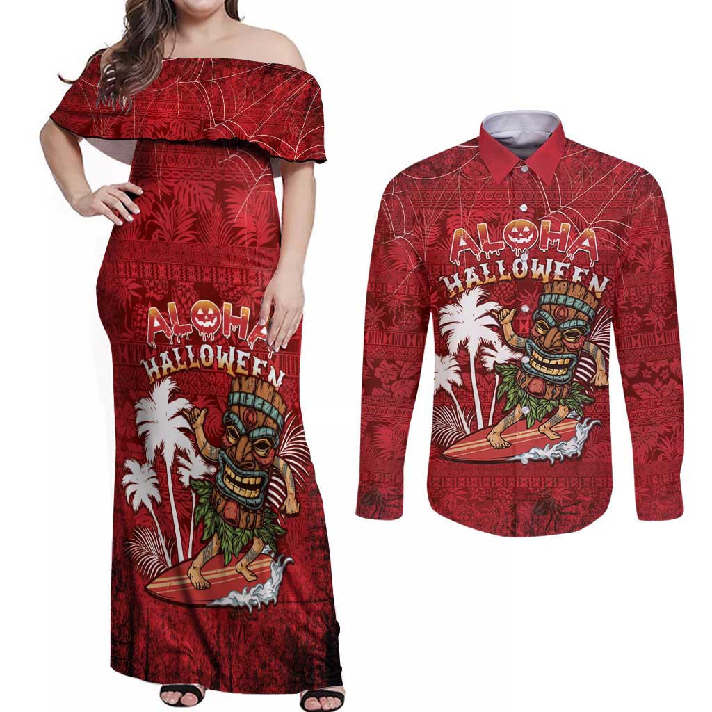 Personalised Aloha Halloween Couples Matching Off Shoulder Maxi Dress and Long Sleeve Button Shirt Skeleton Surfing