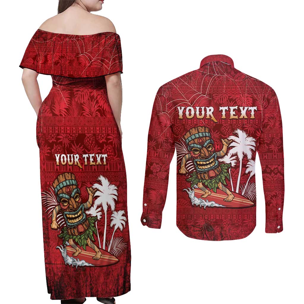 Personalised Aloha Halloween Couples Matching Off Shoulder Maxi Dress and Long Sleeve Button Shirt Skeleton Surfing
