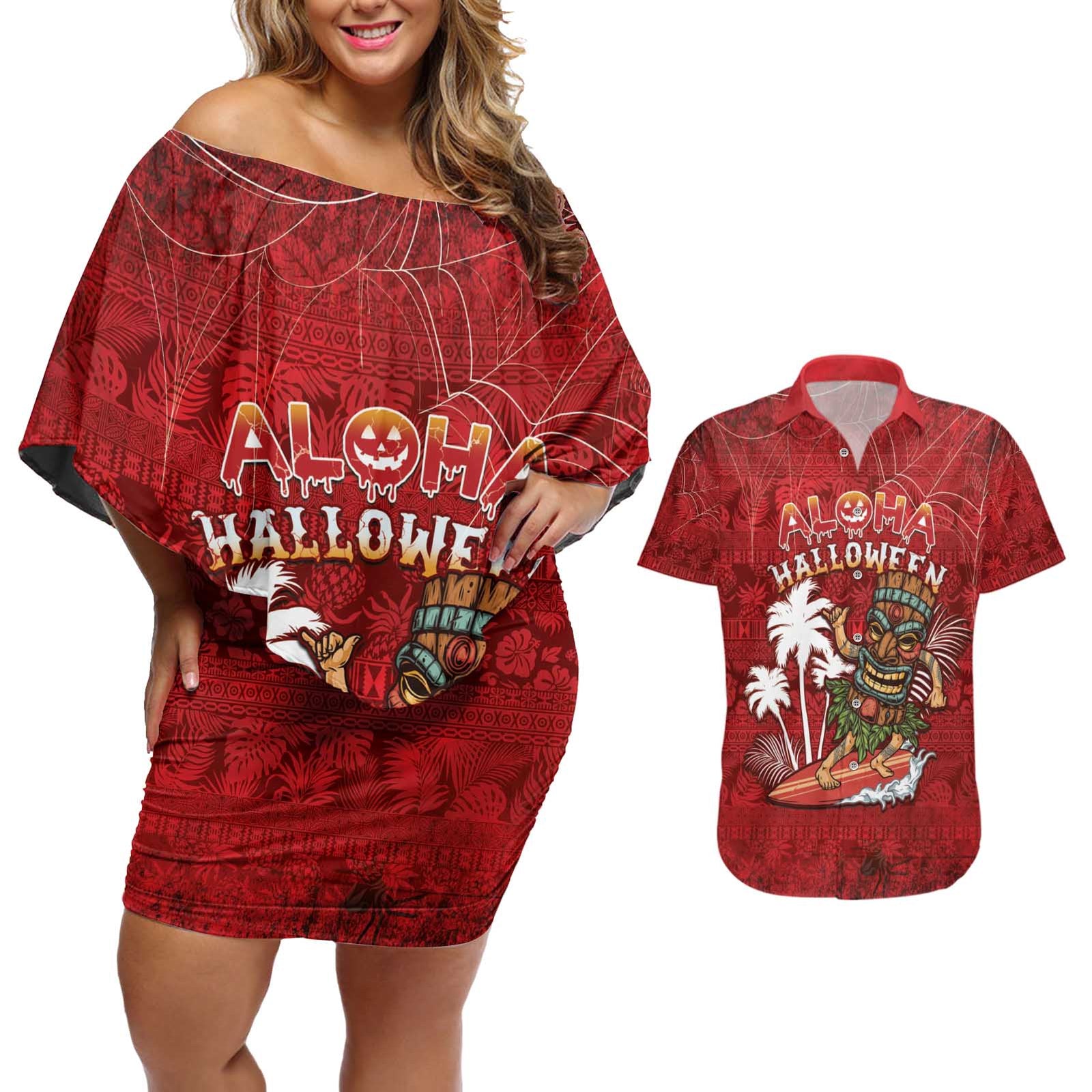 Personalised Aloha Halloween Couples Matching Off Shoulder Short Dress and Hawaiian Shirt Skeleton Surfing