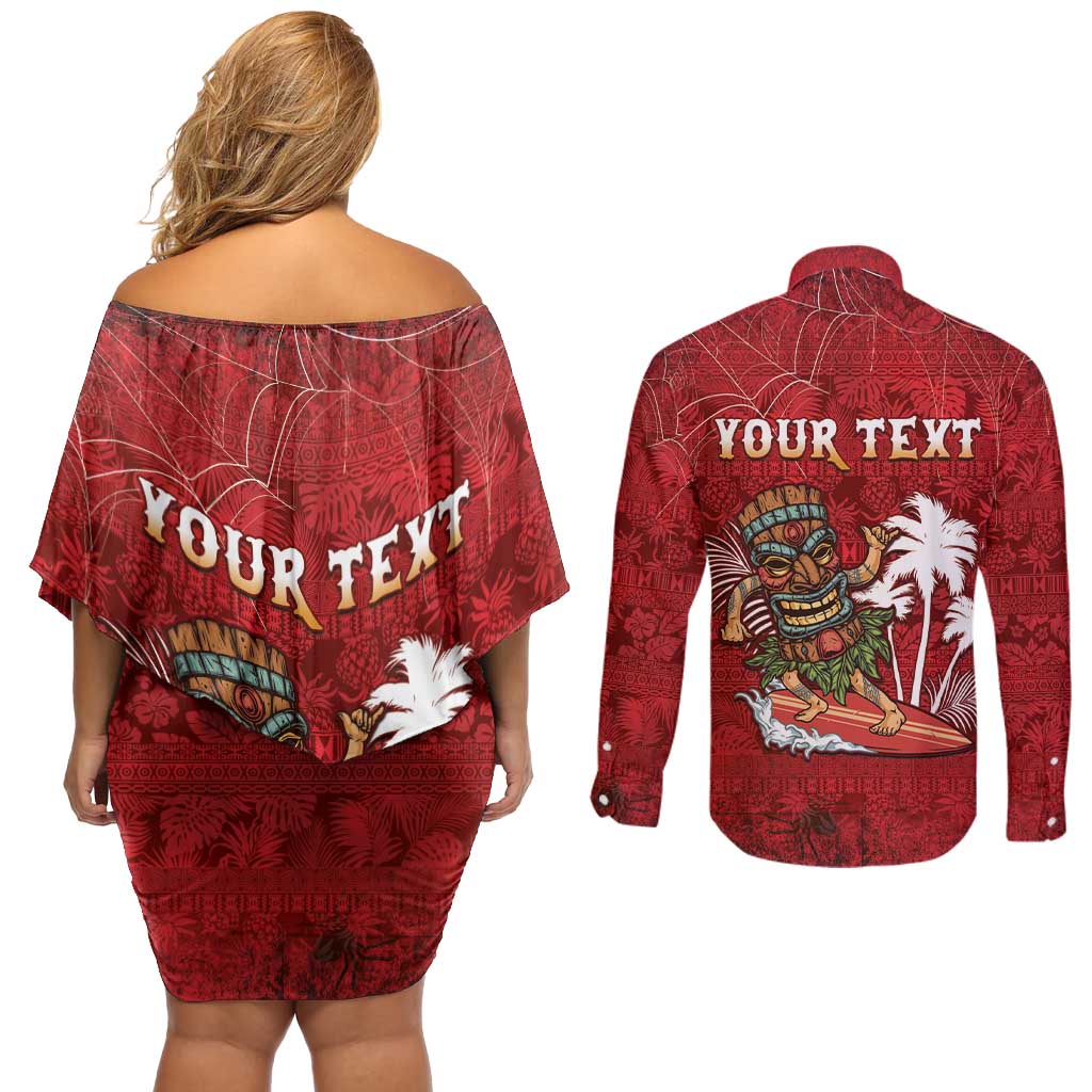 Personalised Aloha Halloween Couples Matching Off Shoulder Short Dress and Long Sleeve Button Shirt Skeleton Surfing