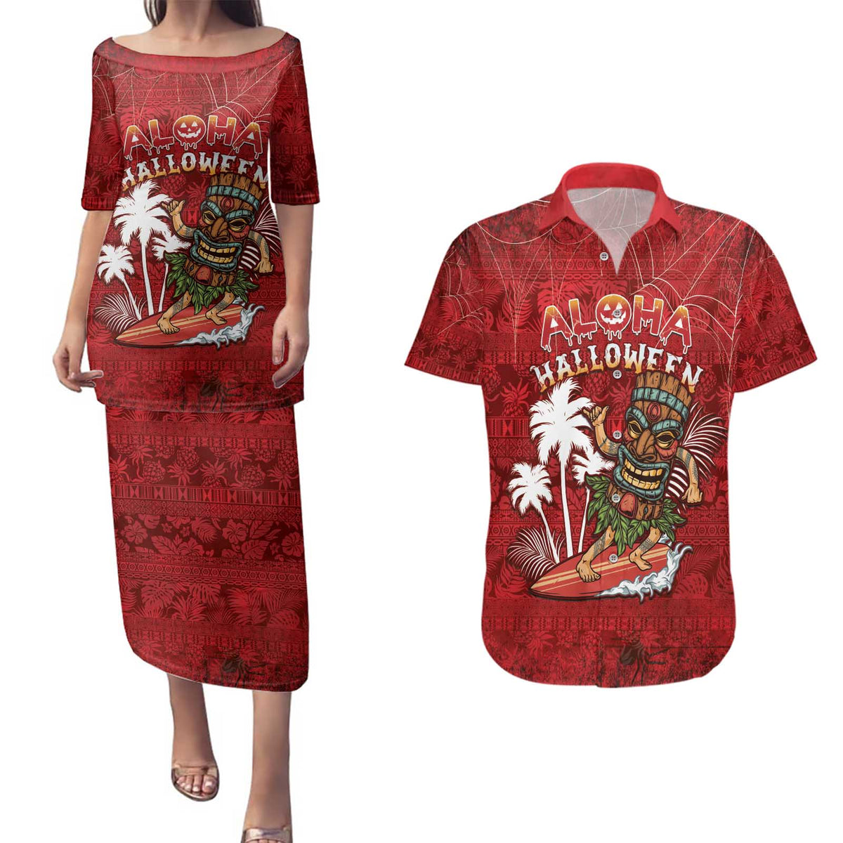 Personalised Aloha Halloween Couples Matching Puletasi and Hawaiian Shirt Skeleton Surfing