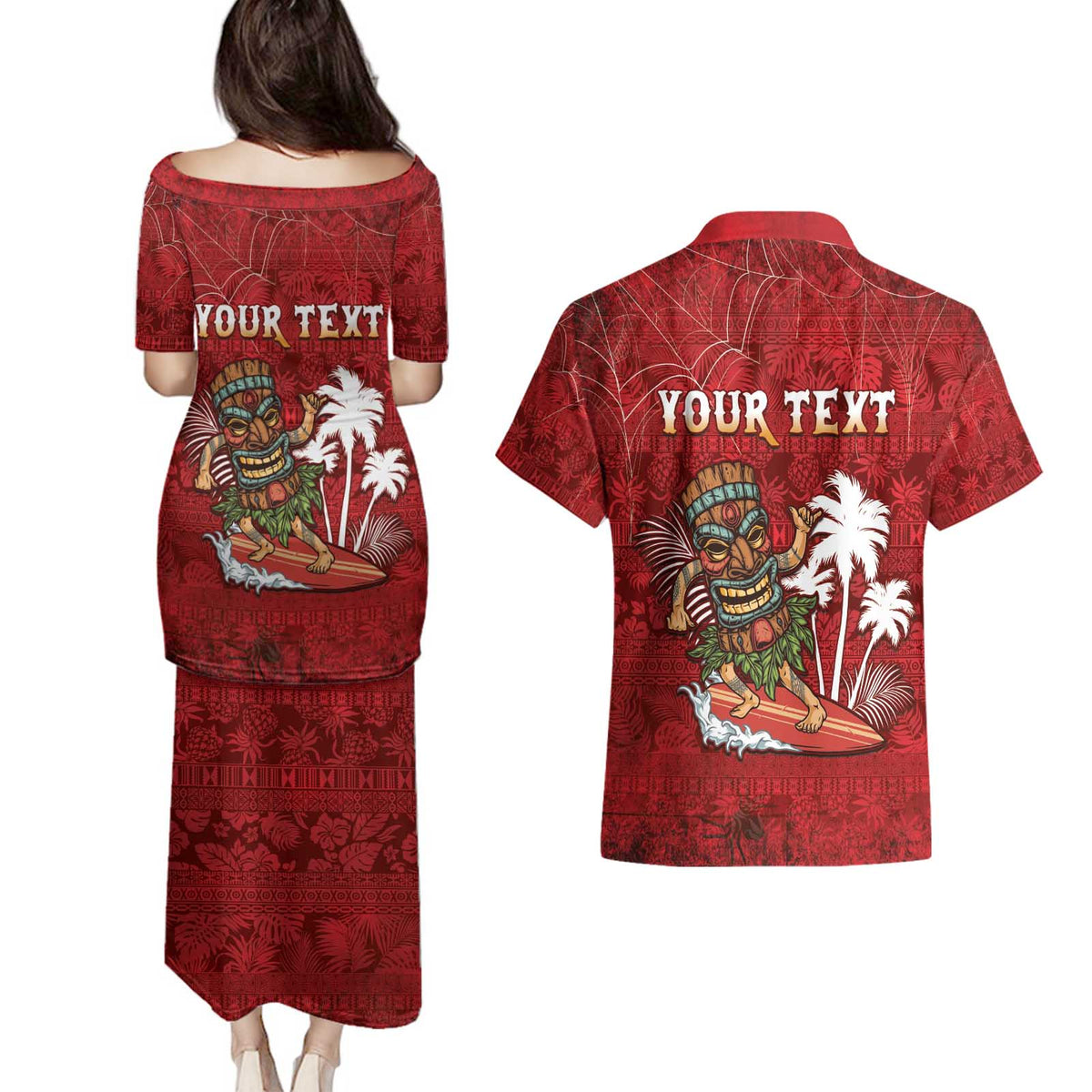 Personalised Aloha Halloween Couples Matching Puletasi and Hawaiian Shirt Skeleton Surfing