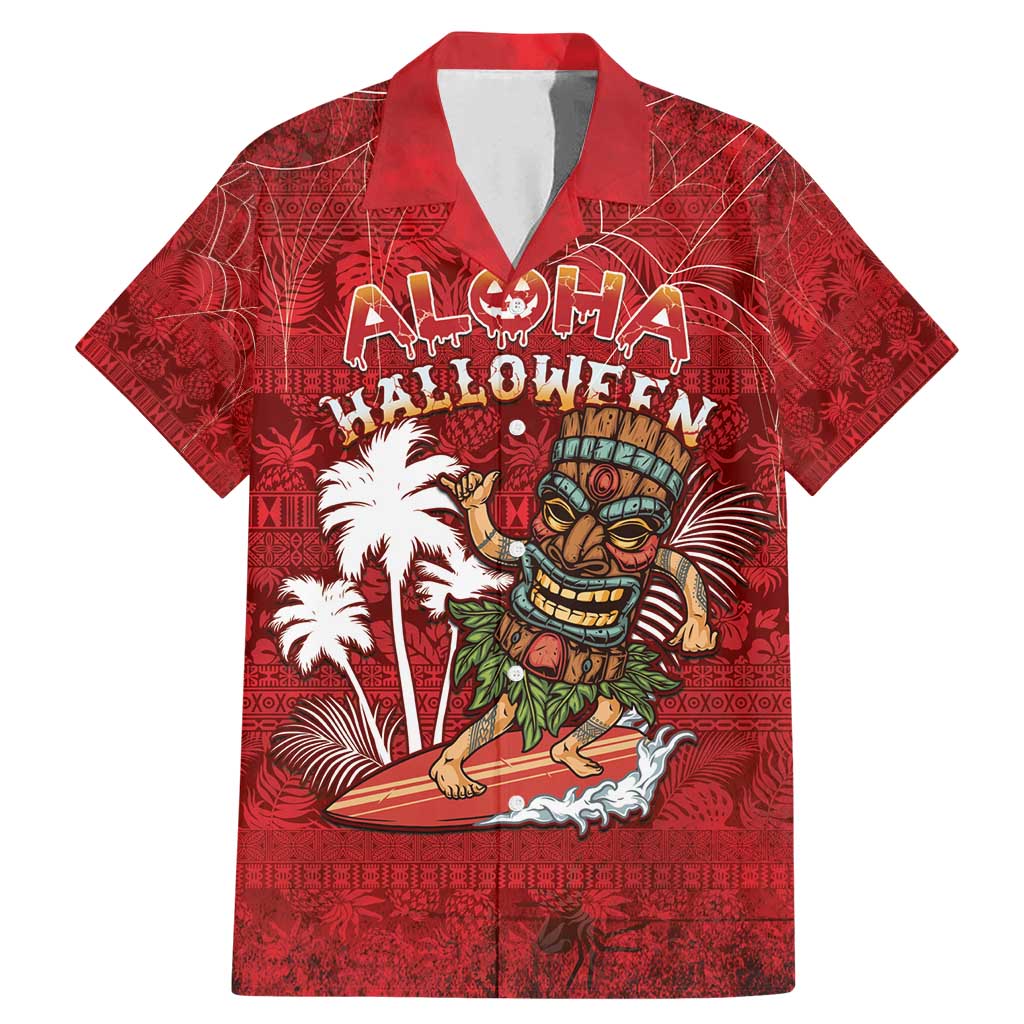 Personalised Aloha Halloween Family Matching Mermaid Dress and Hawaiian Shirt Skeleton Surfing LT05 Dad's Shirt - Short Sleeve Red - Polynesian Pride