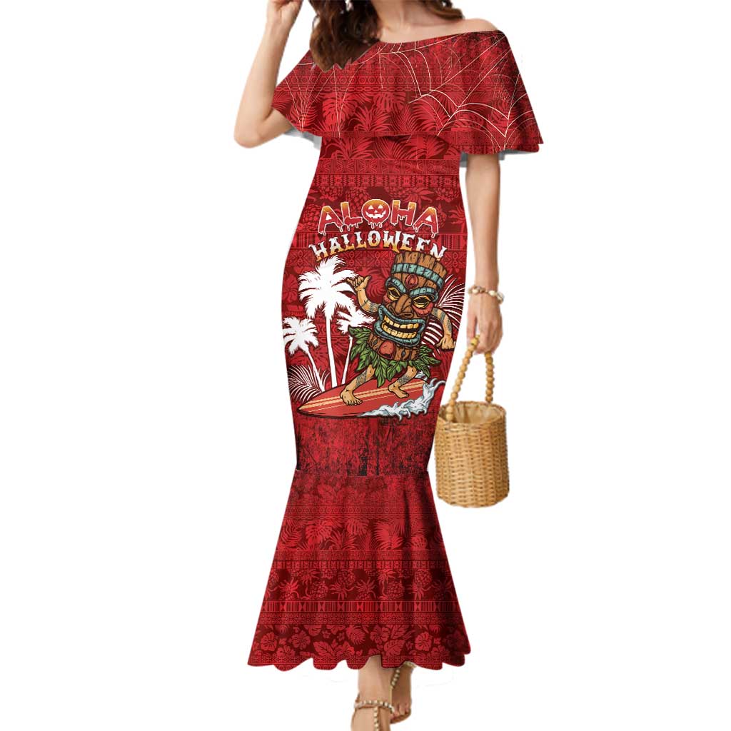 Personalised Aloha Halloween Family Matching Mermaid Dress and Hawaiian Shirt Skeleton Surfing LT05 Mom's Dress Red - Polynesian Pride