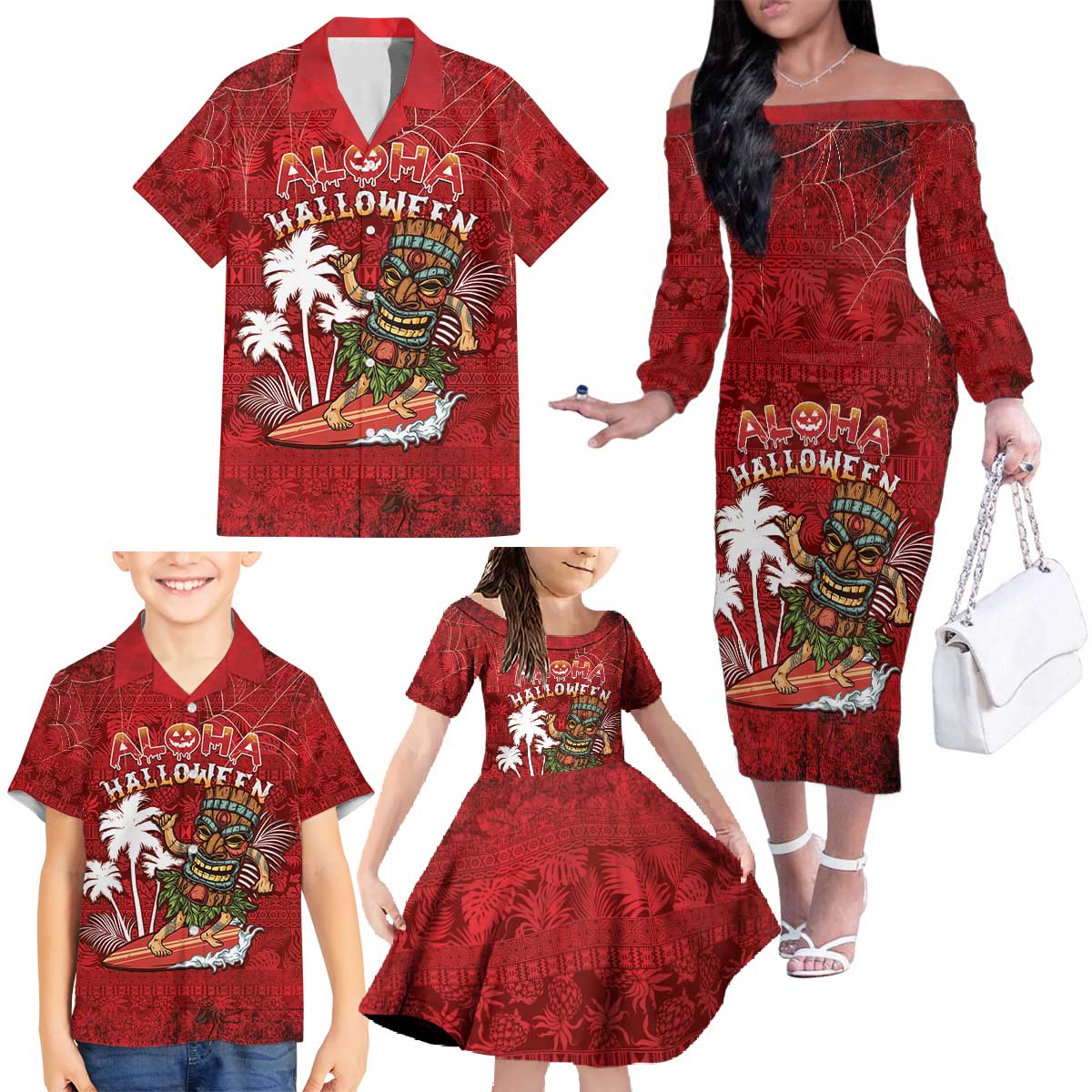 Personalised Aloha Halloween Family Matching Off The Shoulder Long Sleeve Dress and Hawaiian Shirt Skeleton Surfing LT05 - Polynesian Pride