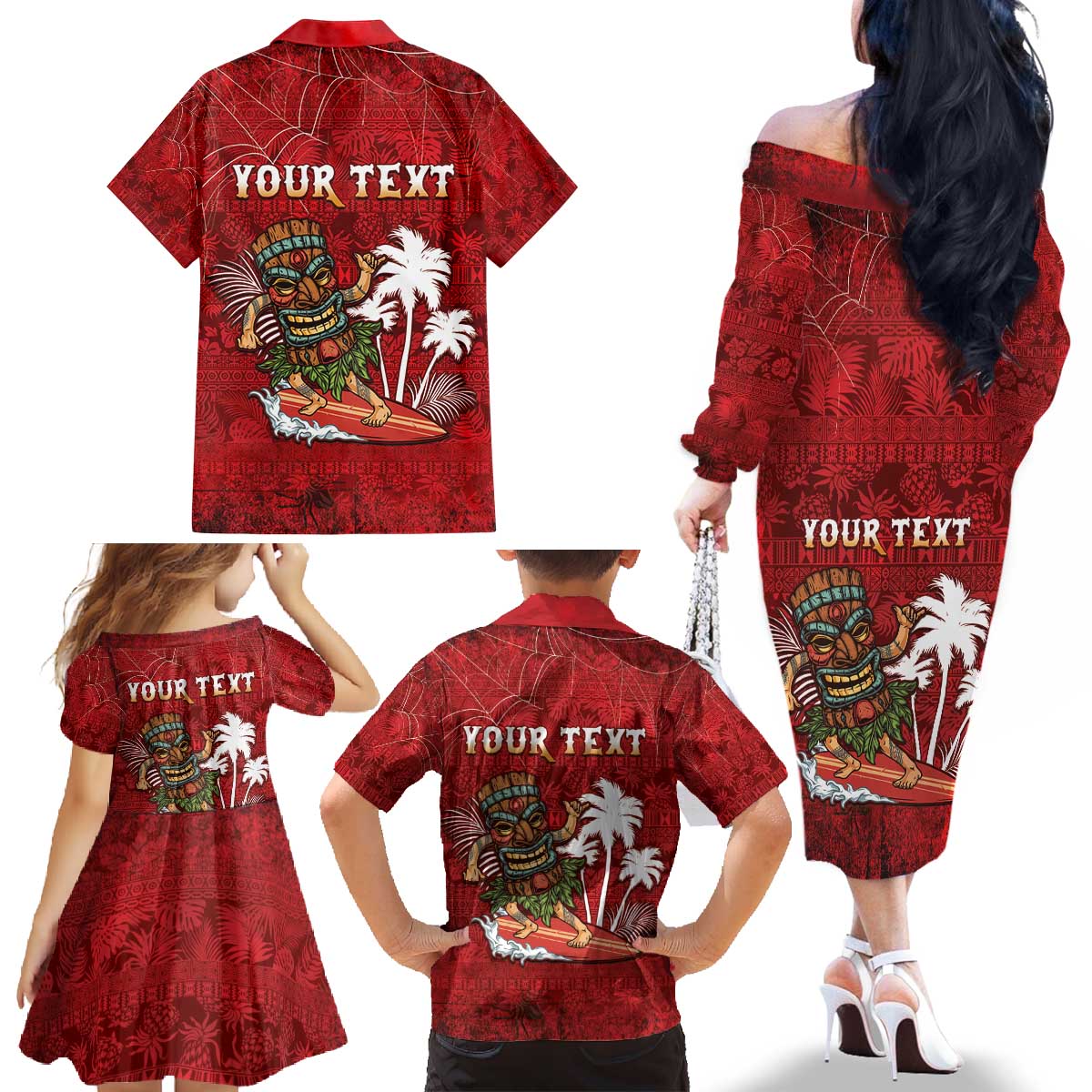 Personalised Aloha Halloween Family Matching Off The Shoulder Long Sleeve Dress and Hawaiian Shirt Skeleton Surfing LT05 - Polynesian Pride