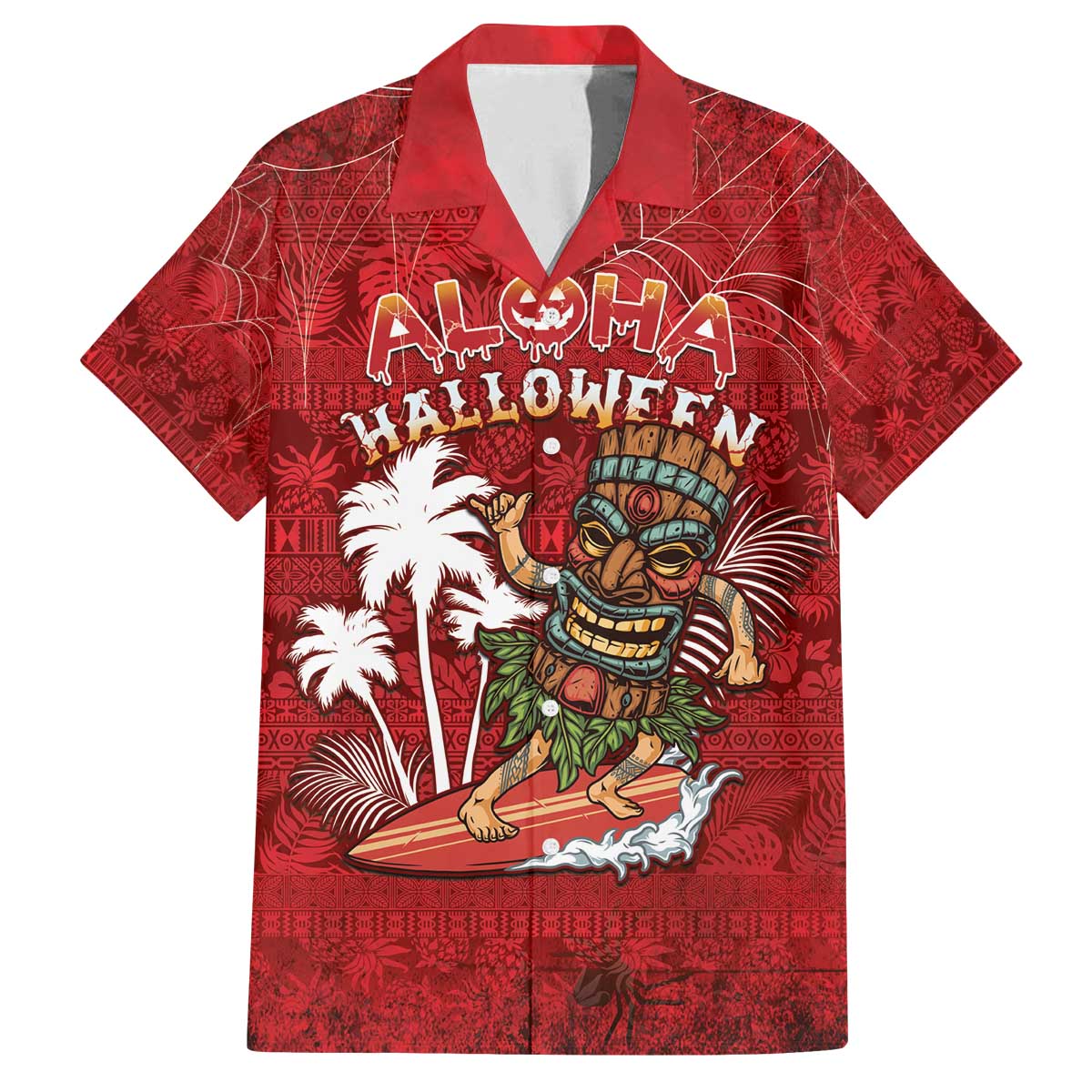 Personalised Aloha Halloween Family Matching Off The Shoulder Long Sleeve Dress and Hawaiian Shirt Skeleton Surfing LT05 Dad's Shirt - Short Sleeve Red - Polynesian Pride