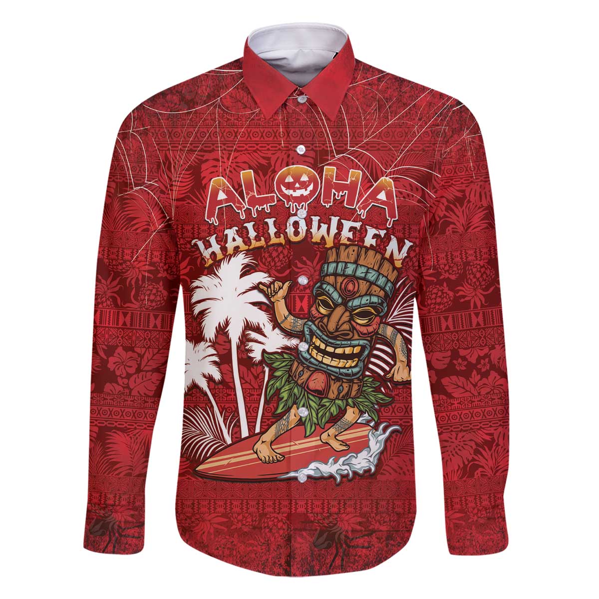 Personalised Aloha Halloween Family Matching Off The Shoulder Long Sleeve Dress and Hawaiian Shirt Skeleton Surfing LT05 Dad's Shirt - Long Sleeve Red - Polynesian Pride