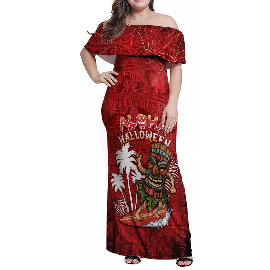 Personalised Aloha Halloween Family Matching Off Shoulder Maxi Dress and Hawaiian Shirt Skeleton Surfing LT05 Mom's Dress Red - Polynesian Pride
